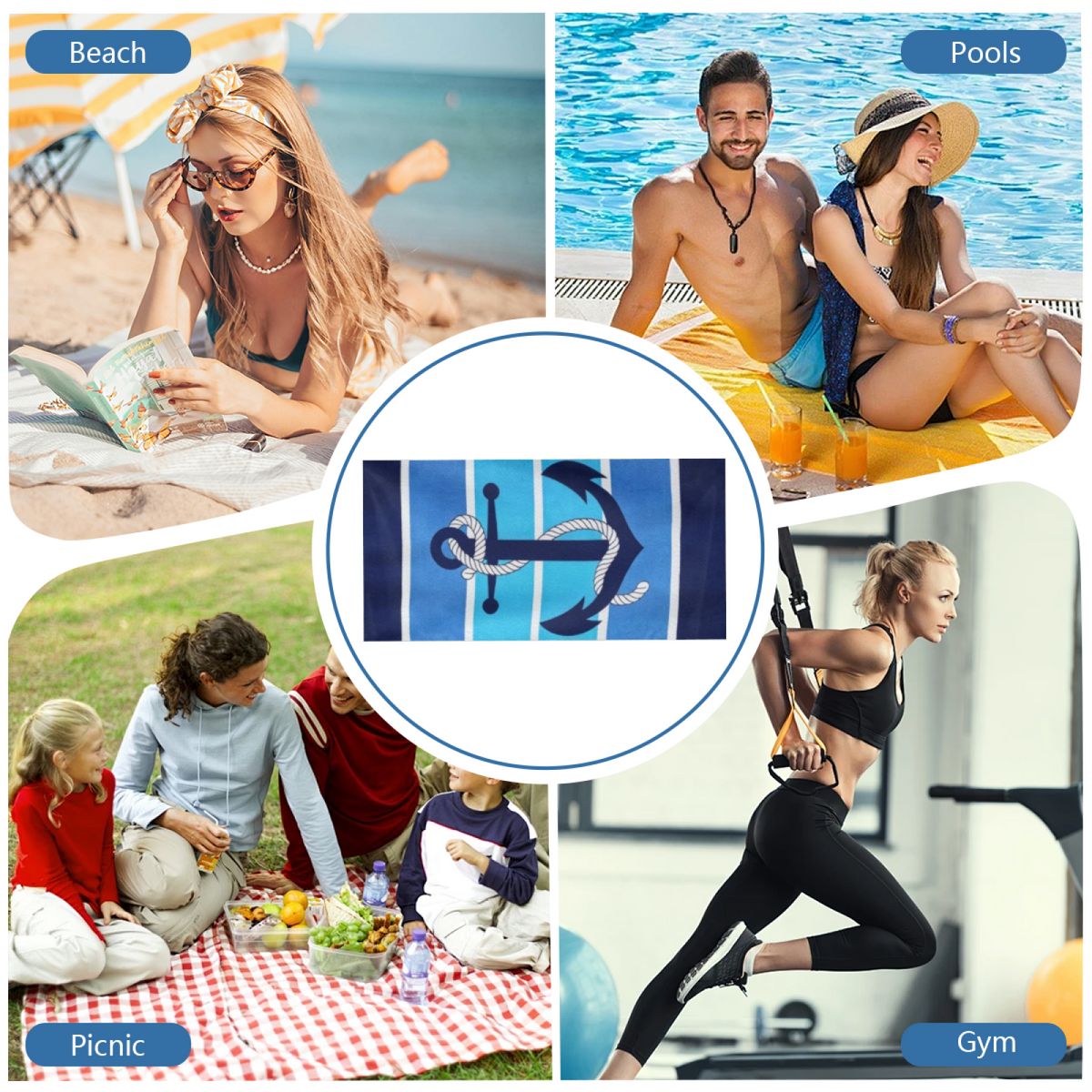 Classic Nautical Anchor Striped Beach Towel, Ultra Cozy Smooth Touch, Rapid Water Absorbency, Various Length Specifications for Men Ocean Travel Camping