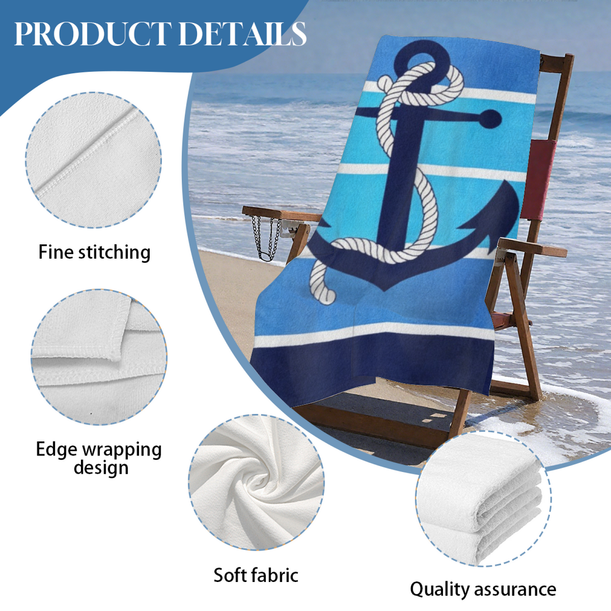Classic Nautical Anchor Striped Beach Towel, Ultra Cozy Smooth Touch, Rapid Water Absorbency, Various Length Specifications for Men Ocean Travel Camping