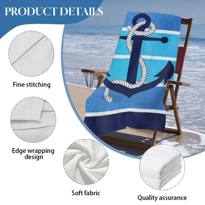 Classic Nautical Anchor Striped Beach Towel, Ultra Cozy Smooth Touch, Rapid Water Absorbency, Various Length Specifications for Men Ocean Travel Camping