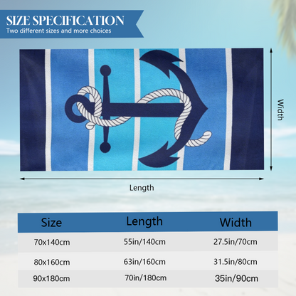 Classic Nautical Anchor Striped Beach Towel, Ultra Cozy Smooth Touch, Rapid Water Absorbency, Various Length Specifications for Men Ocean Travel Camping