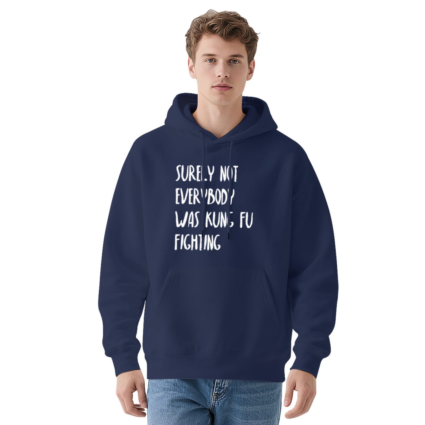 Retro Kung Fu Fighting Lyric Navy Hoodie, Cozy Nostalgic Street Sweatshirt