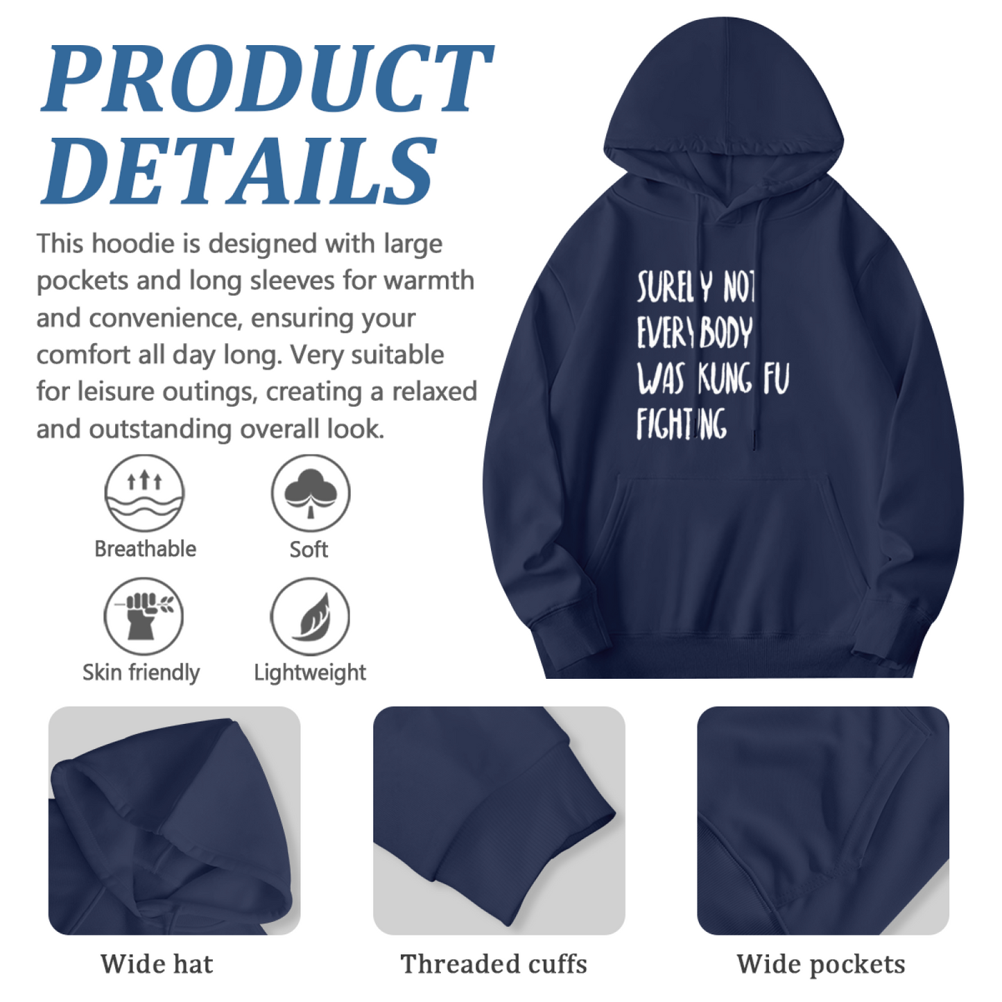 Retro Kung Fu Fighting Lyric Navy Hoodie, Cozy Nostalgic Street Sweatshirt