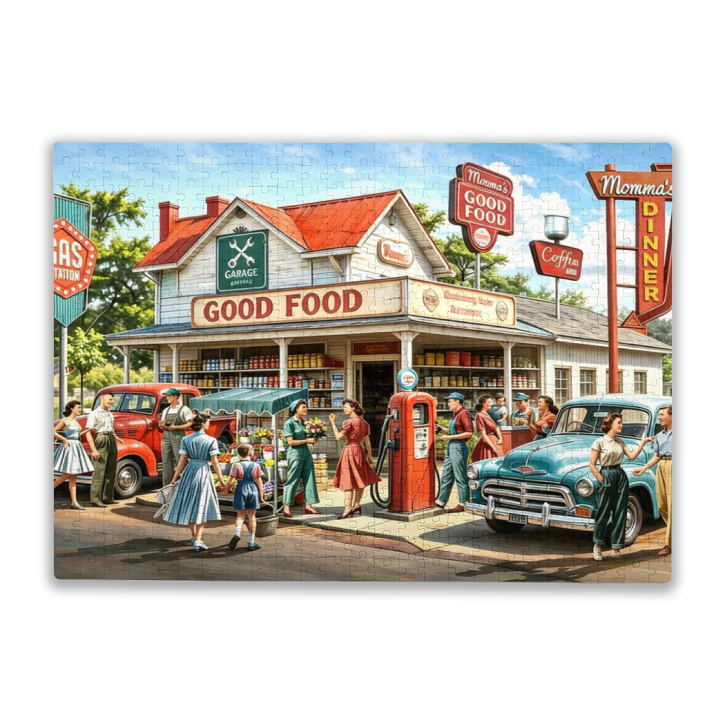 Vintage Retro Country Gas Station Diner Jigsaw Puzzle | Nostalgic 1950s Small Town Scene Puzzle 300/500/1000pcs