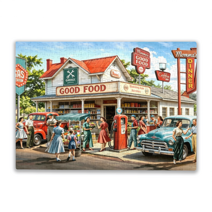 Vintage Retro Country Gas Station Diner Jigsaw Puzzle | Nostalgic 1950s Small Town Scene Puzzle 300/500/1000pcs