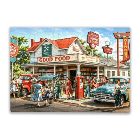 Vintage Retro Country Gas Station Diner Jigsaw Puzzle | Nostalgic 1950s Small Town Scene Puzzle 300/500/1000pcs