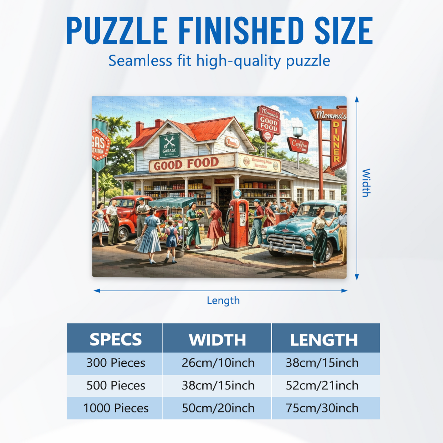 Vintage Retro Country Gas Station Diner Jigsaw Puzzle | Nostalgic 1950s Small Town Scene Puzzle 300/500/1000pcs