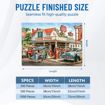 Vintage Retro Country Gas Station Diner Jigsaw Puzzle | Nostalgic 1950s Small Town Scene Puzzle 300/500/1000pcs