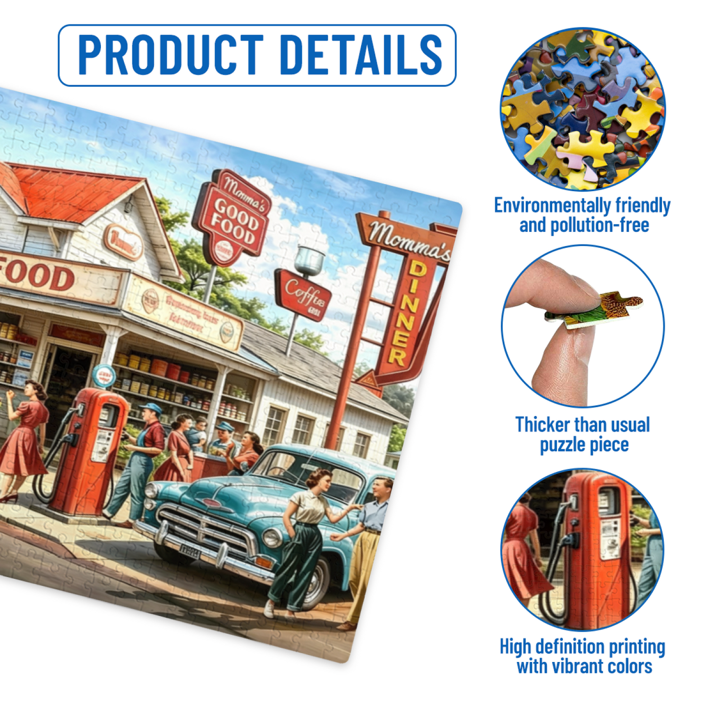 Vintage Retro Country Gas Station Diner Jigsaw Puzzle | Nostalgic 1950s Small Town Scene Puzzle 300/500/1000pcs