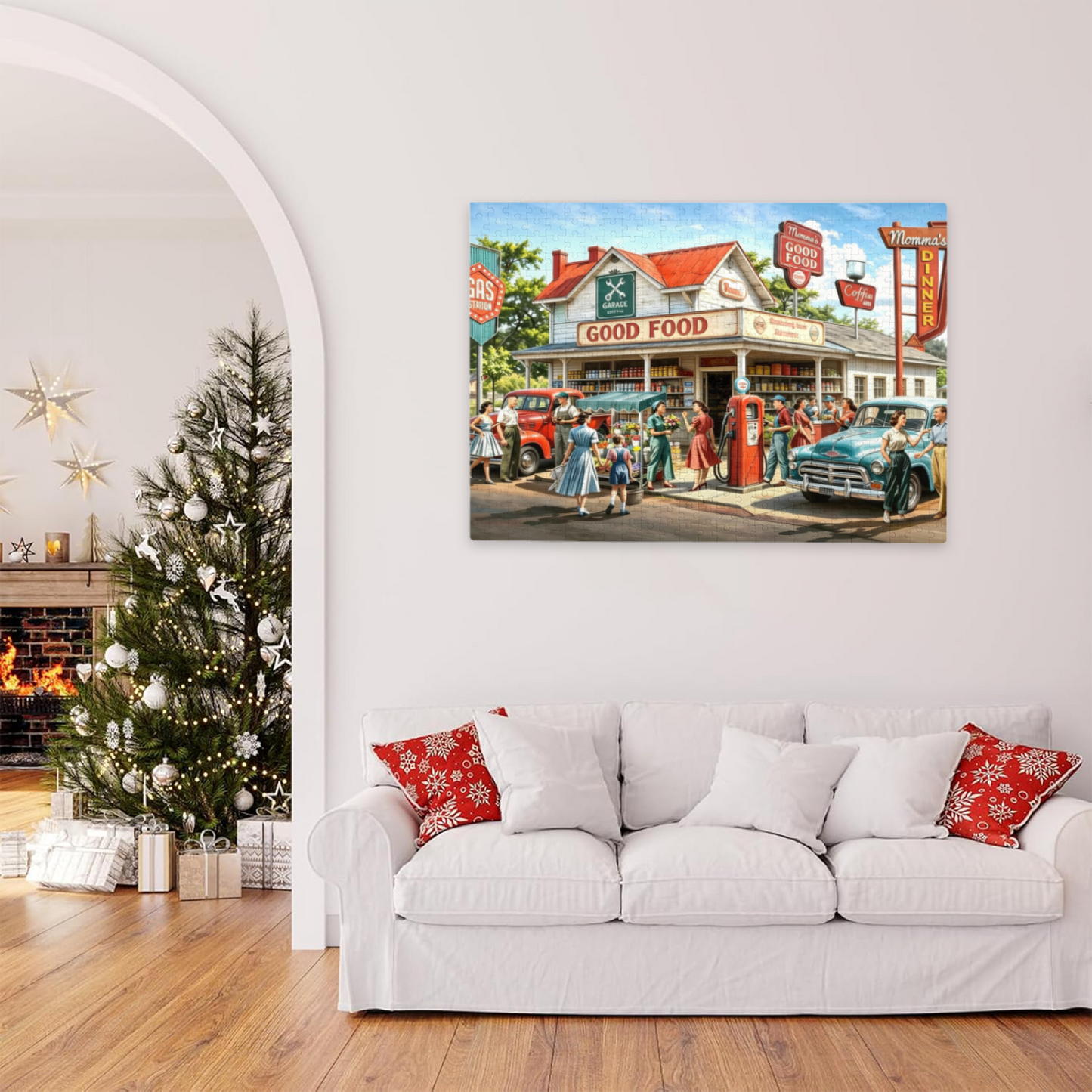 Vintage Retro Country Gas Station Diner Jigsaw Puzzle | Nostalgic 1950s Small Town Scene Puzzle 300/500/1000pcs