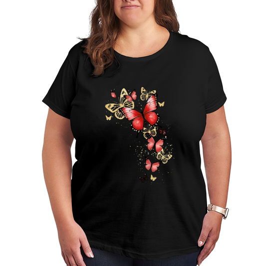 Sparkling Glitter Red Golden Butterfly Fairy Plus Size Women Printed T-Shirt
