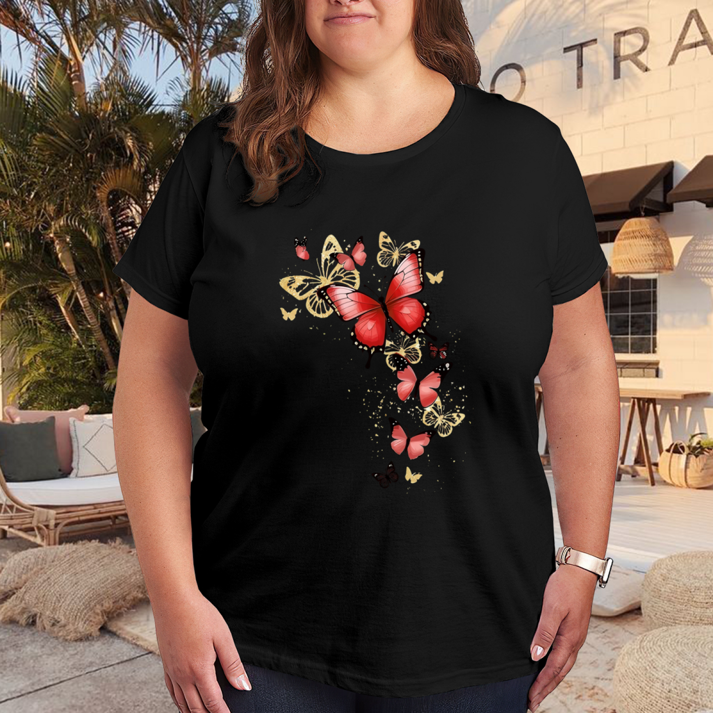 Sparkling Glitter Red Golden Butterfly Fairy Plus Size Women Printed T-Shirt