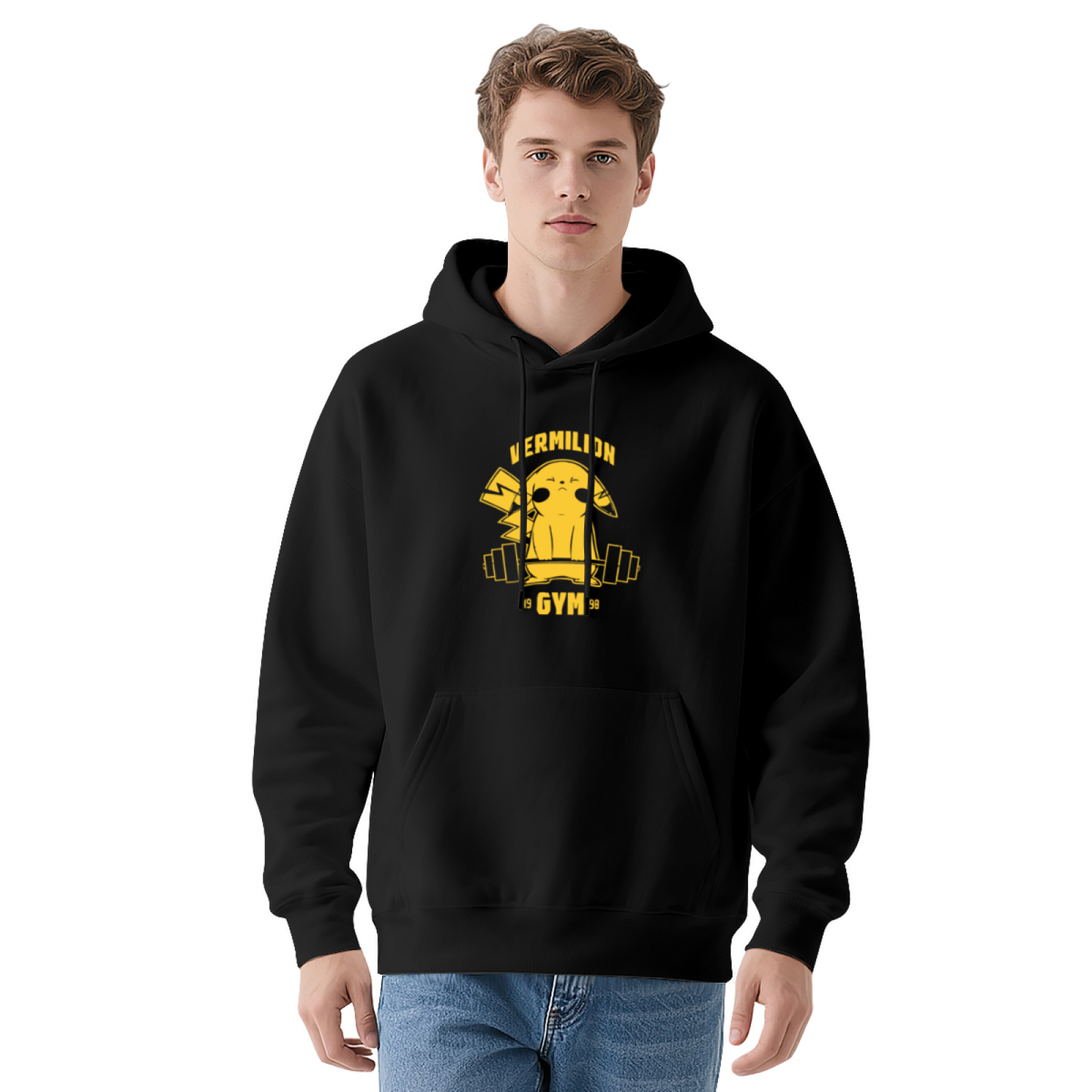 Vermilion Gym Pikachu Fitness Fan Red Hoodie, Loose Comfort Training Wear