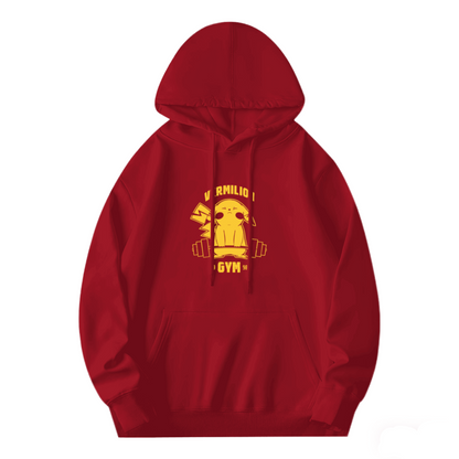 Vermilion Gym Pikachu Fitness Fan Red Hoodie, Loose Comfort Training Wear
