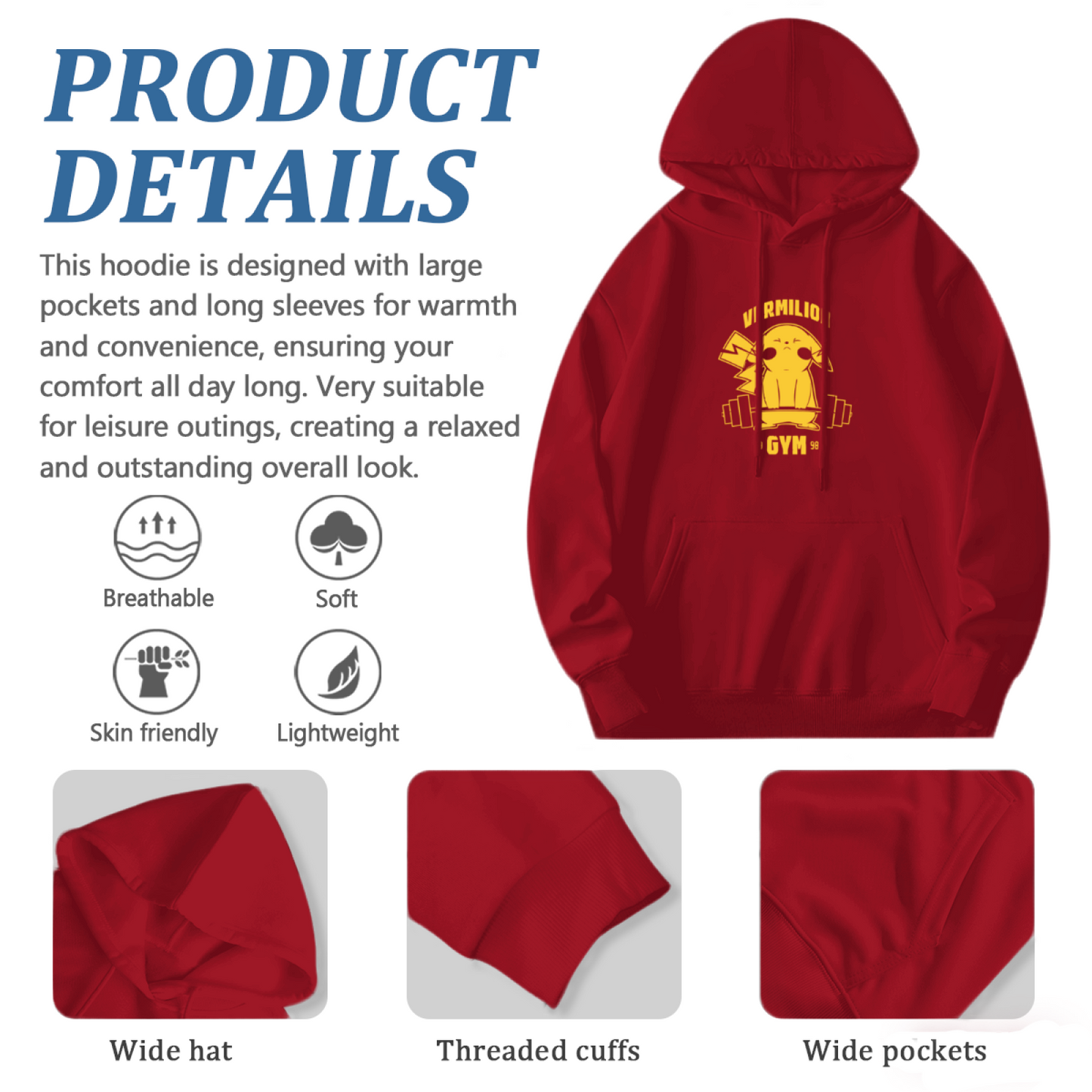 Vermilion Gym Pikachu Fitness Fan Red Hoodie, Loose Comfort Training Wear