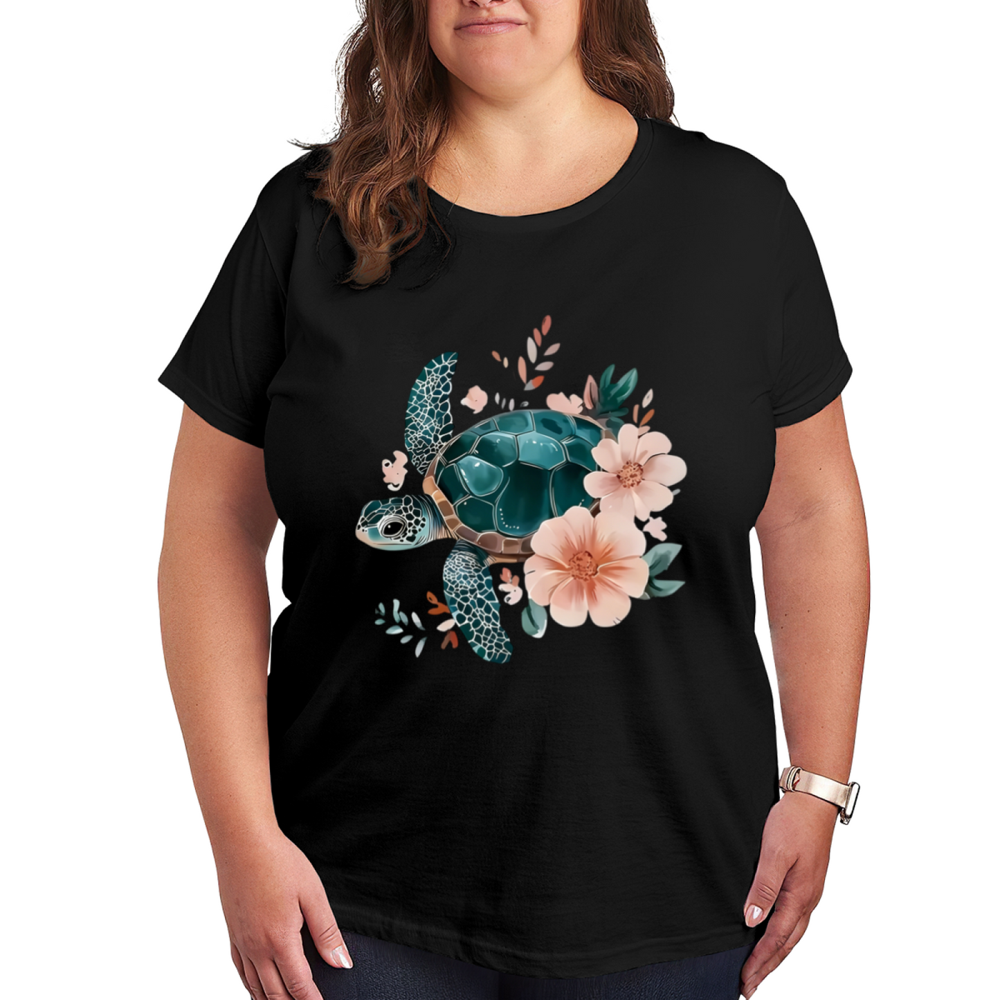 Soft Watercolor Sea Turtle Pink Flower Coastal Plus Size Women Printed T-Shirt