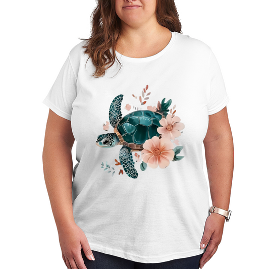 Soft Watercolor Sea Turtle Pink Flower Coastal Plus Size Women Printed T-Shirt