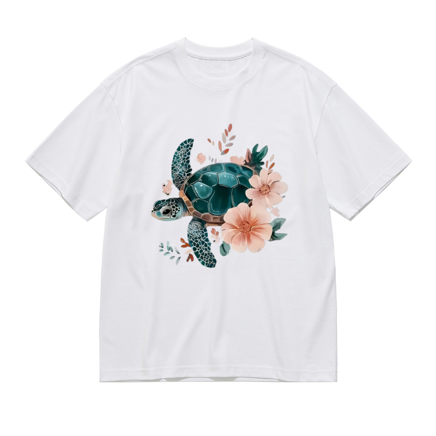 Soft Watercolor Sea Turtle Pink Flower Coastal Plus Size Women Printed T-Shirt