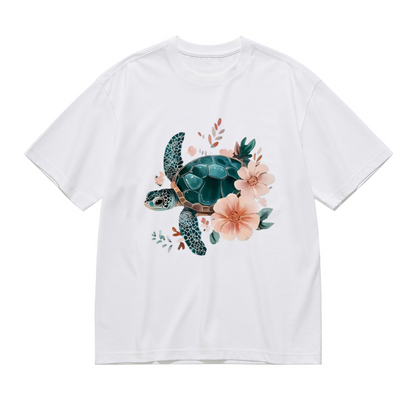 Soft Watercolor Sea Turtle Pink Flower Coastal Plus Size Women Printed T-Shirt