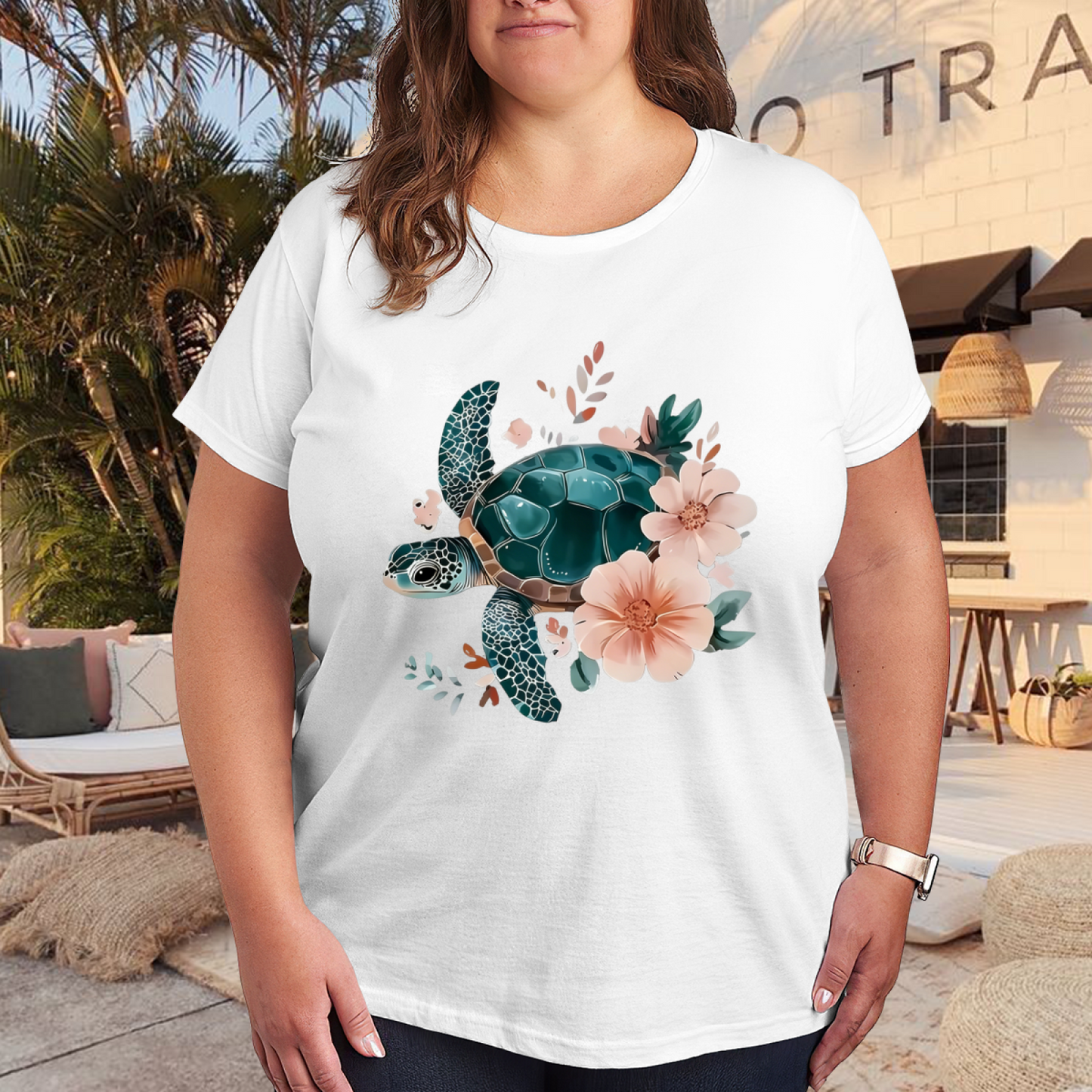 Soft Watercolor Sea Turtle Pink Flower Coastal Plus Size Women Printed T-Shirt