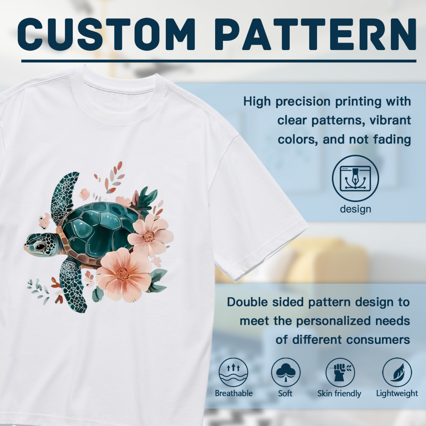Soft Watercolor Sea Turtle Pink Flower Coastal Plus Size Women Printed T-Shirt