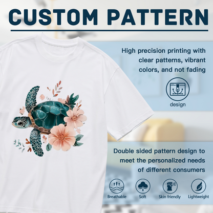 Soft Watercolor Sea Turtle Pink Flower Coastal Plus Size Women Printed T-Shirt