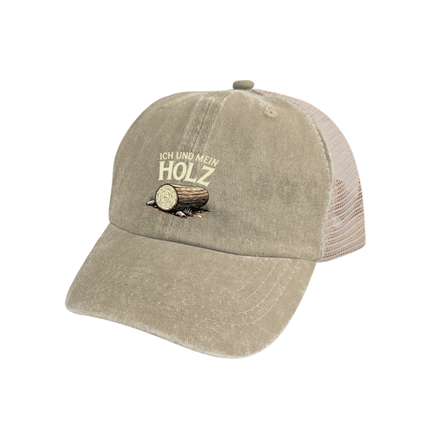 Ich Und Mein Holz Log Graphic Distressed Mesh Hat, German Lumberjack Trucker Cap