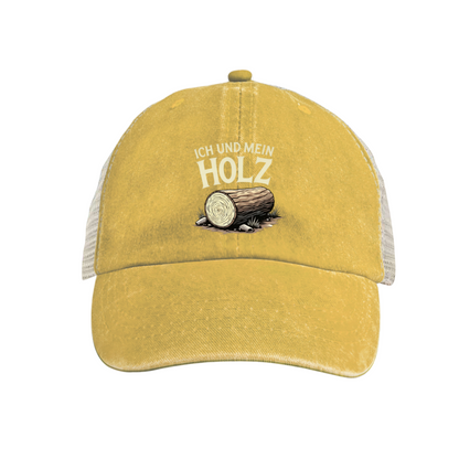Ich Und Mein Holz Log Graphic Distressed Mesh Hat, German Lumberjack Trucker Cap