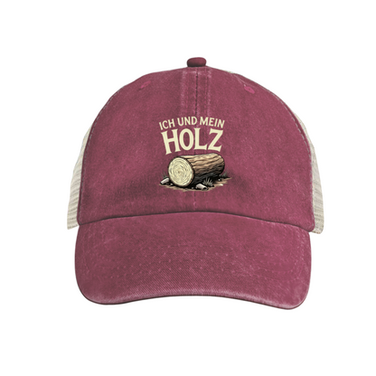Ich Und Mein Holz Log Graphic Distressed Mesh Hat, German Lumberjack Trucker Cap