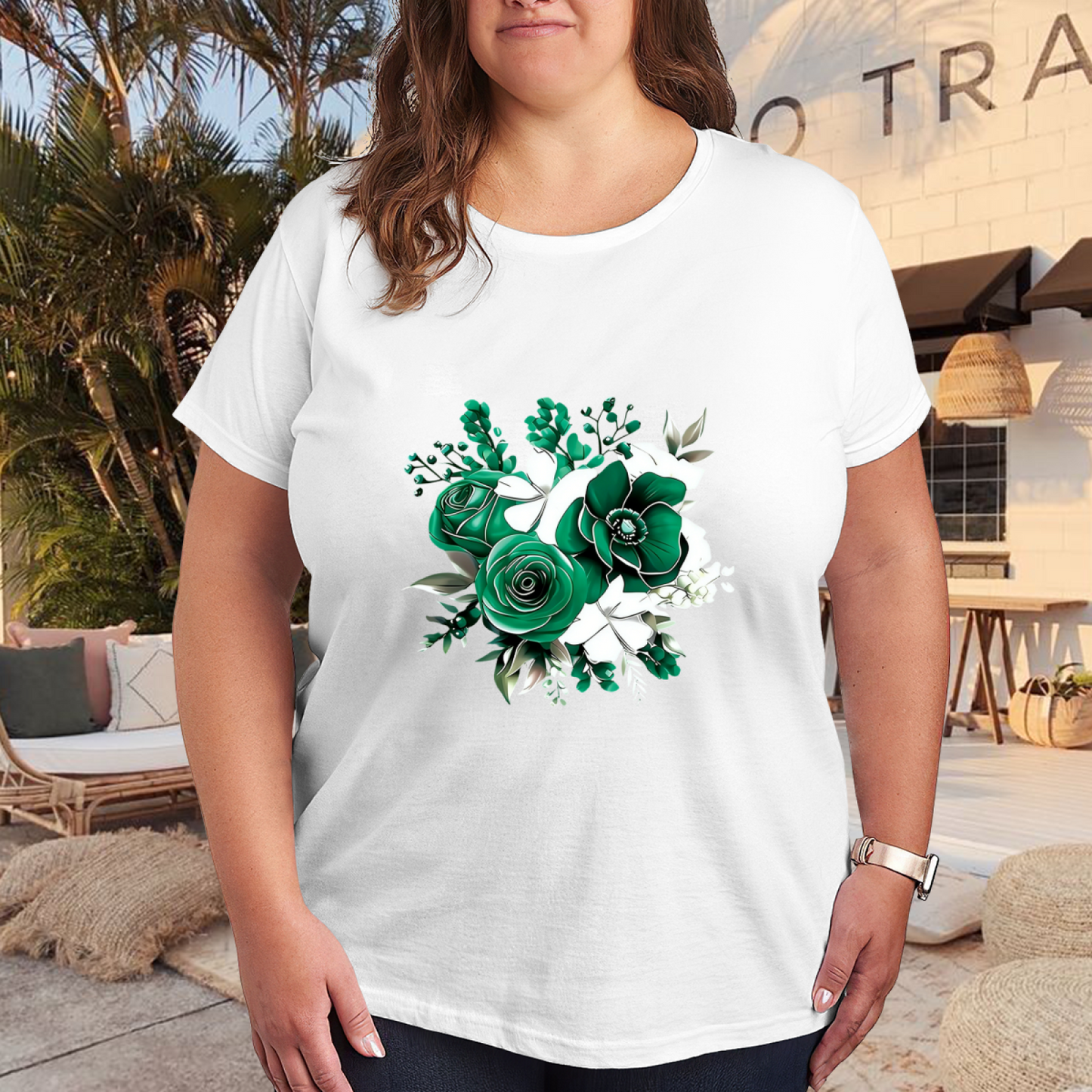 2D Green White Floral Bouquet Plus Size Women¡¯s T-Shirt