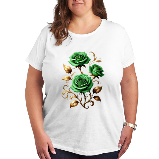 Elegant Emerald Green Rose With Golden Vines Plus Size Women Printed T-Shirt