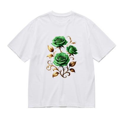 Elegant Emerald Green Rose With Golden Vines Plus Size Women Printed T-Shirt