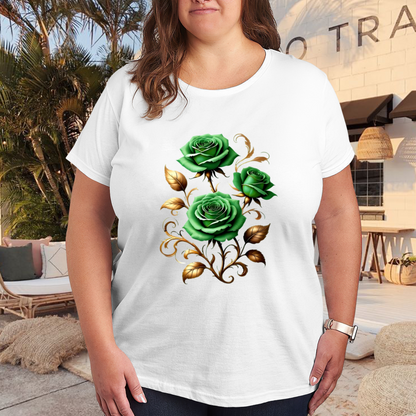 Elegant Emerald Green Rose With Golden Vines Plus Size Women Printed T-Shirt