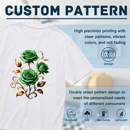 Elegant Emerald Green Rose With Golden Vines Plus Size Women Printed T-Shirt