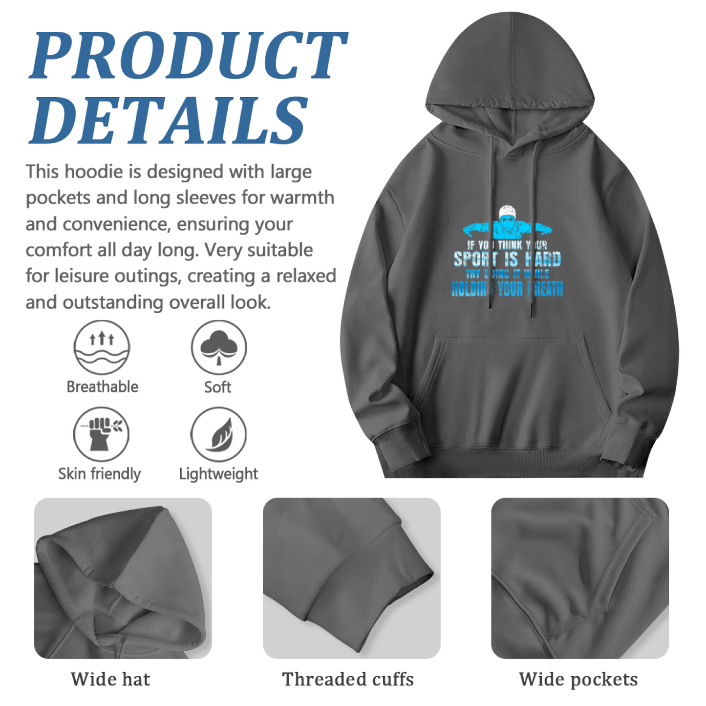 Swimming Hold Breath Sport Quote Dark Grey Hoodie, Comfort Swimmer Unisex Wear