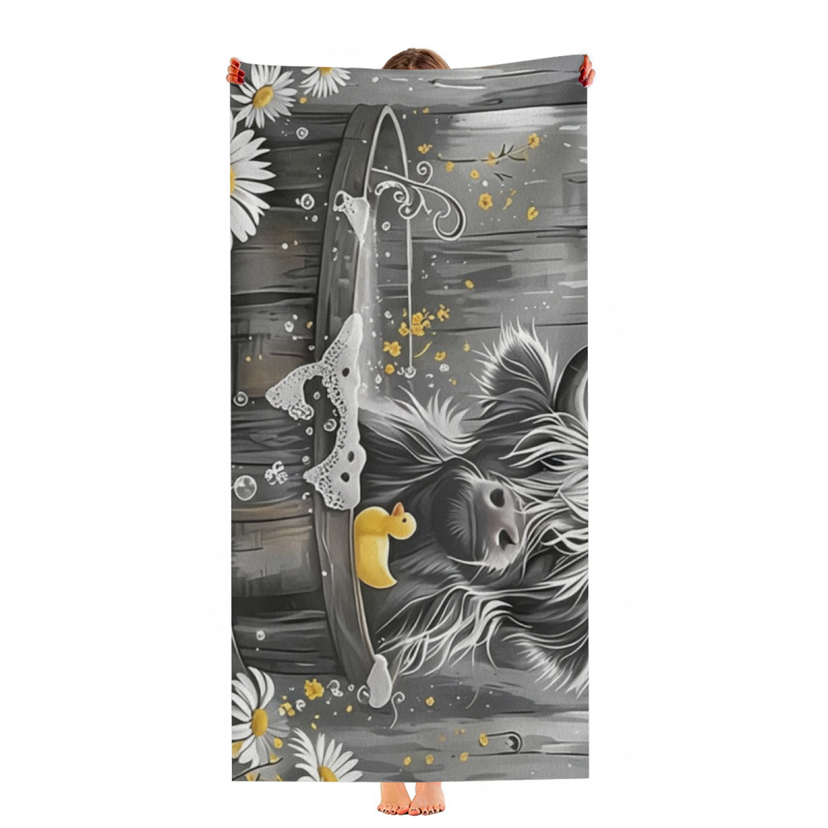 Vintage Grey Highland Cow Bath Tub Daisy Duck Print Beach Towel, Wide Size Range, Buttery Soft Material, Great Water Absorbency & Warm Comfort for Country Style Beach Days