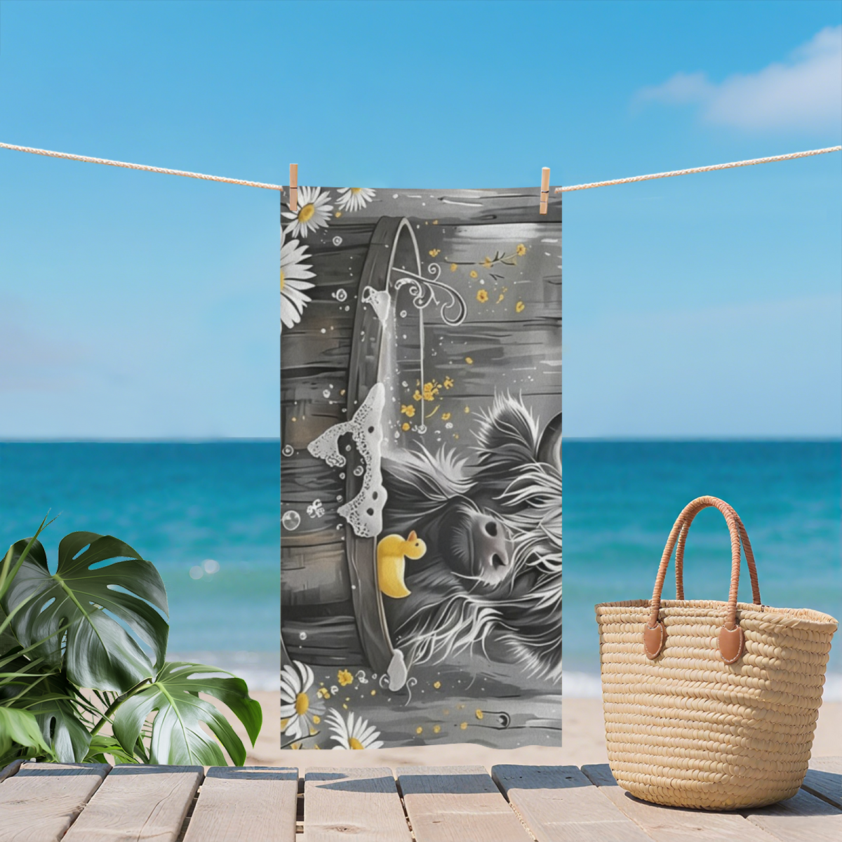 Vintage Grey Highland Cow Bath Tub Daisy Duck Print Beach Towel, Wide Size Range, Buttery Soft Material, Great Water Absorbency & Warm Comfort for Country Style Beach Days