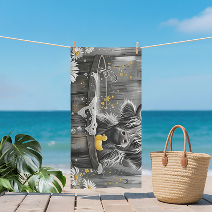 Vintage Grey Highland Cow Bath Tub Daisy Duck Print Beach Towel, Wide Size Range, Buttery Soft Material, Great Water Absorbency & Warm Comfort for Country Style Beach Days