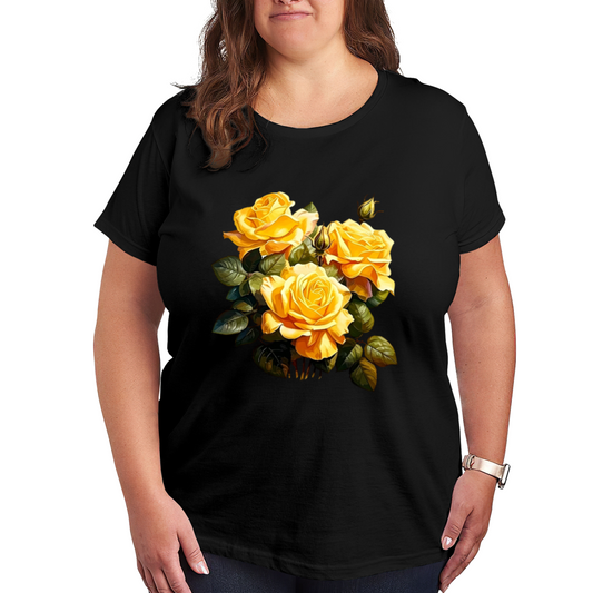 Vintage Oil Painting Yellow Rose Floral Plus Size Women Graphic Print T-Shirt