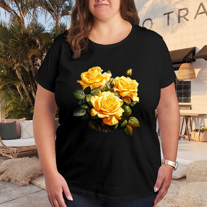 Vintage Oil Painting Yellow Rose Floral Plus Size Women Graphic Print T-Shirt