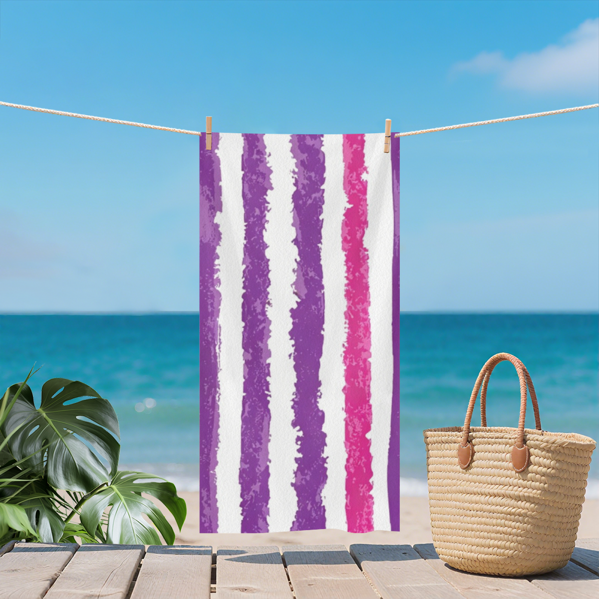 Trendy Distressed Purple Stripe Beach Towel, Fluffy Soft, Comfortable and Fast Water Absorbing for Daily Use