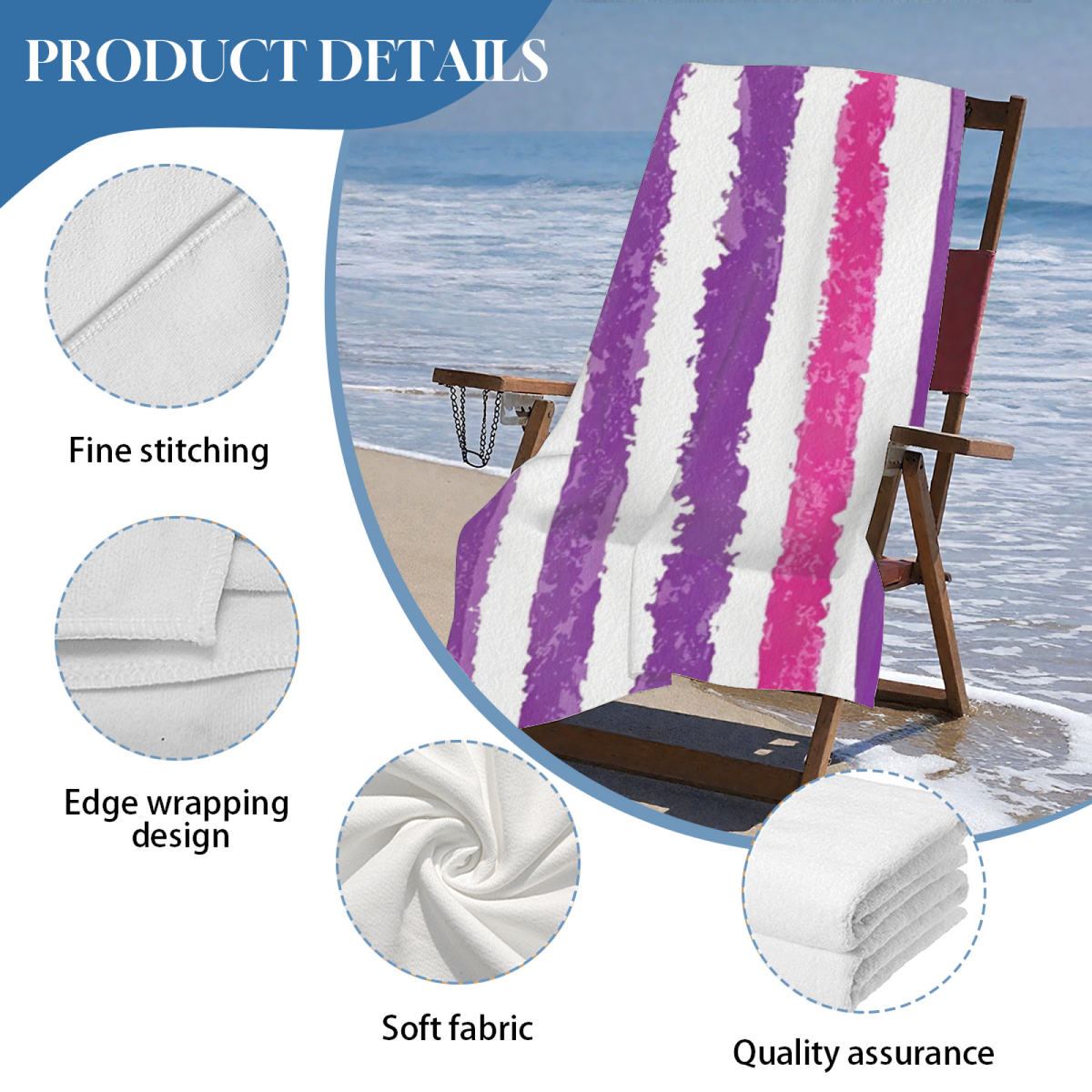 Trendy Distressed Purple Stripe Beach Towel, Fluffy Soft, Comfortable and Fast Water Absorbing for Daily Use