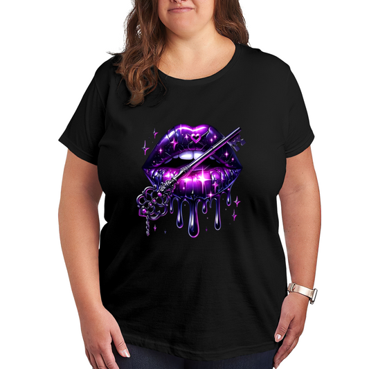 Glam Purple Gloss Drip Lips Antique Key Sparkle Gothic Print Plus Size Women Tee