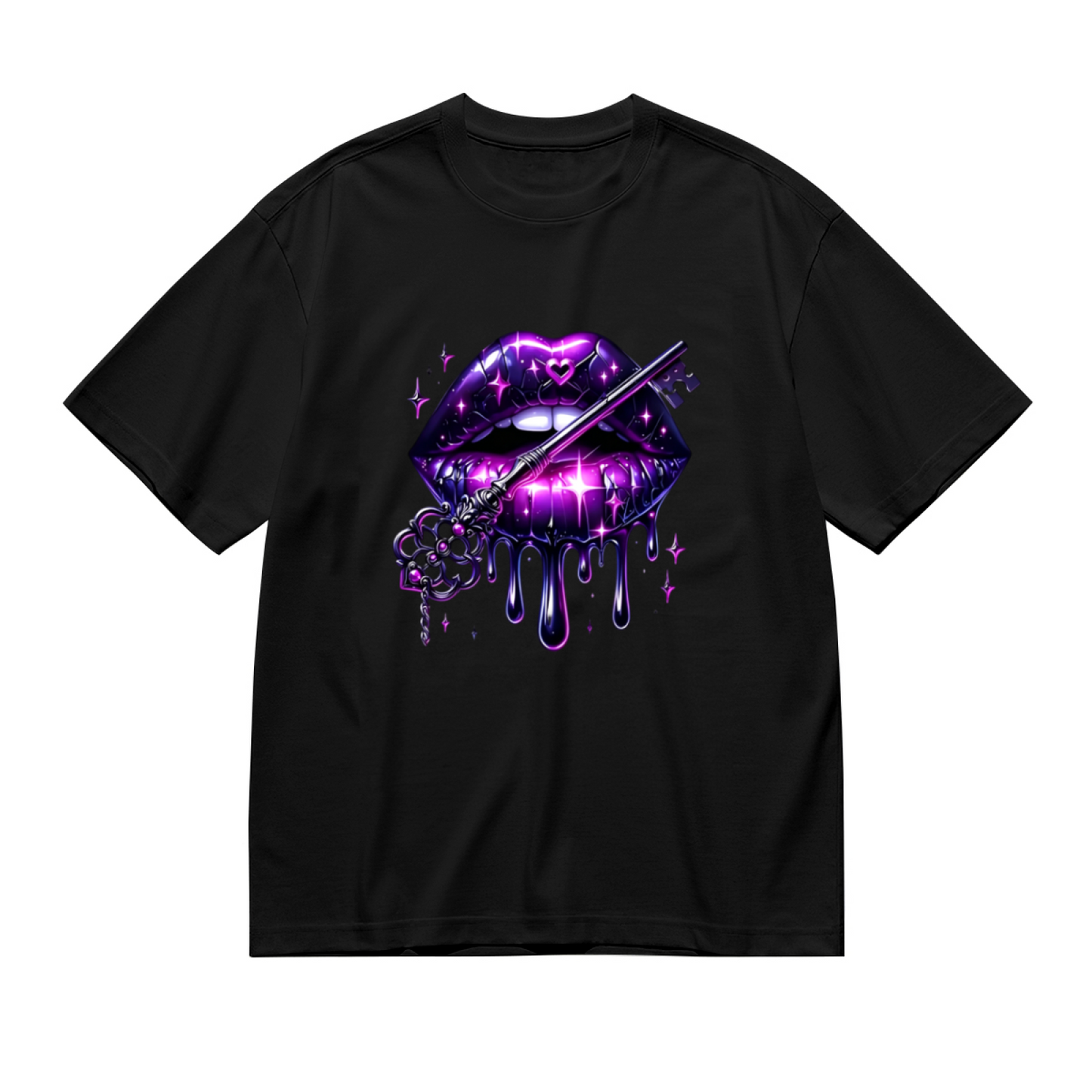 Glam Purple Gloss Drip Lips Antique Key Sparkle Gothic Print Plus Size Women Tee