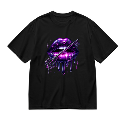 Glam Purple Gloss Drip Lips Antique Key Sparkle Gothic Print Plus Size Women Tee
