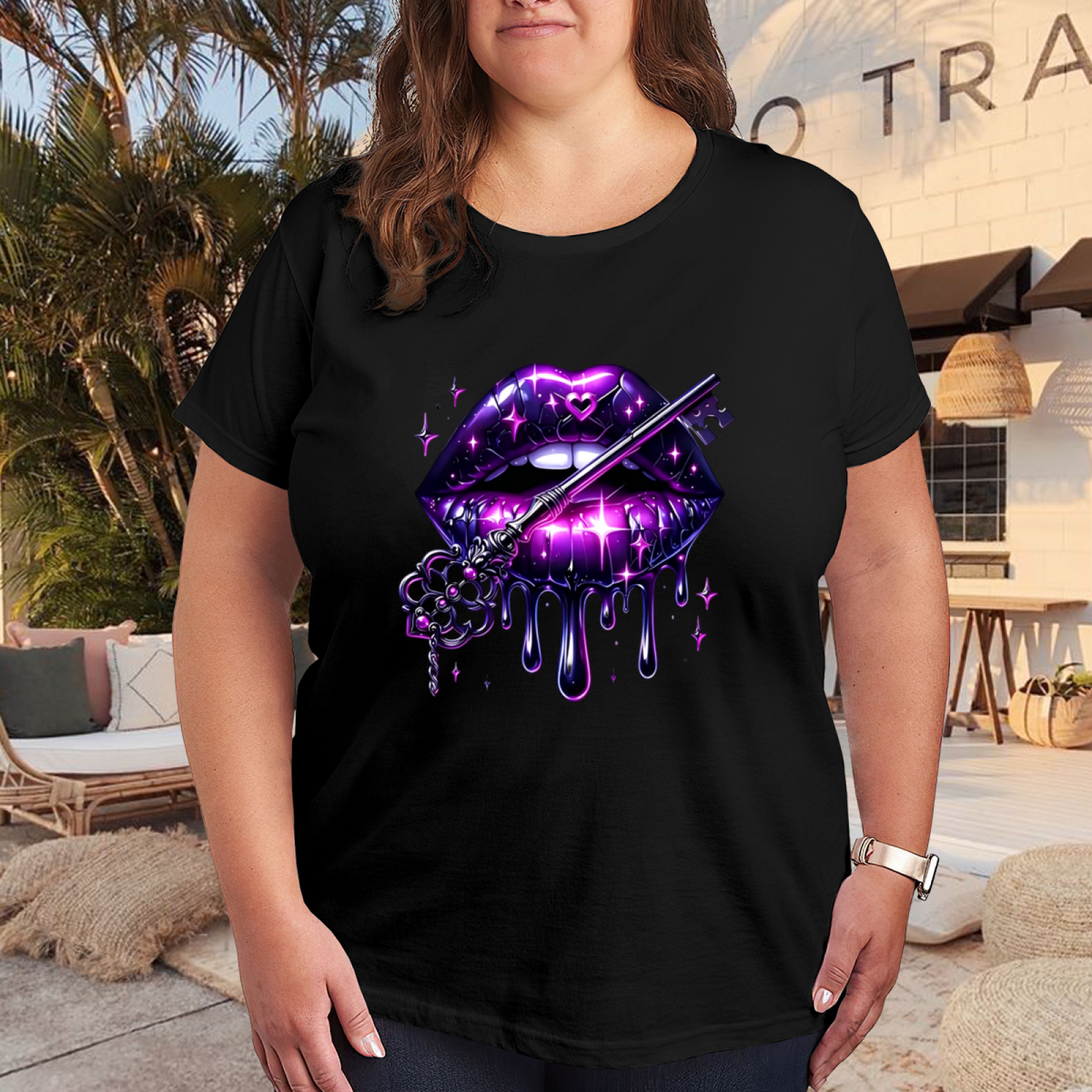 Glam Purple Gloss Drip Lips Antique Key Sparkle Gothic Print Plus Size Women Tee