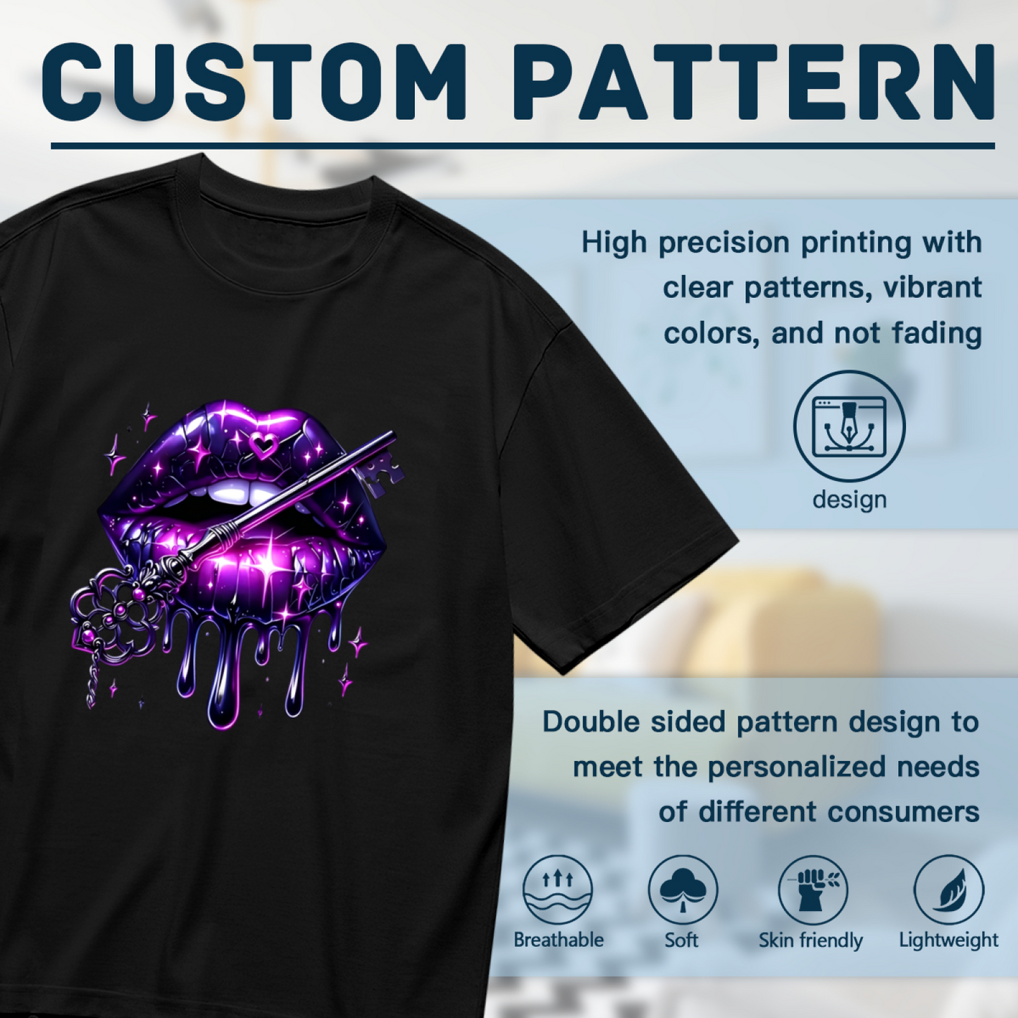 Glam Purple Gloss Drip Lips Antique Key Sparkle Gothic Print Plus Size Women Tee