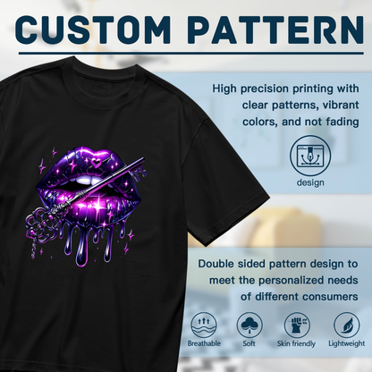 Glam Purple Gloss Drip Lips Antique Key Sparkle Gothic Print Plus Size Women Tee
