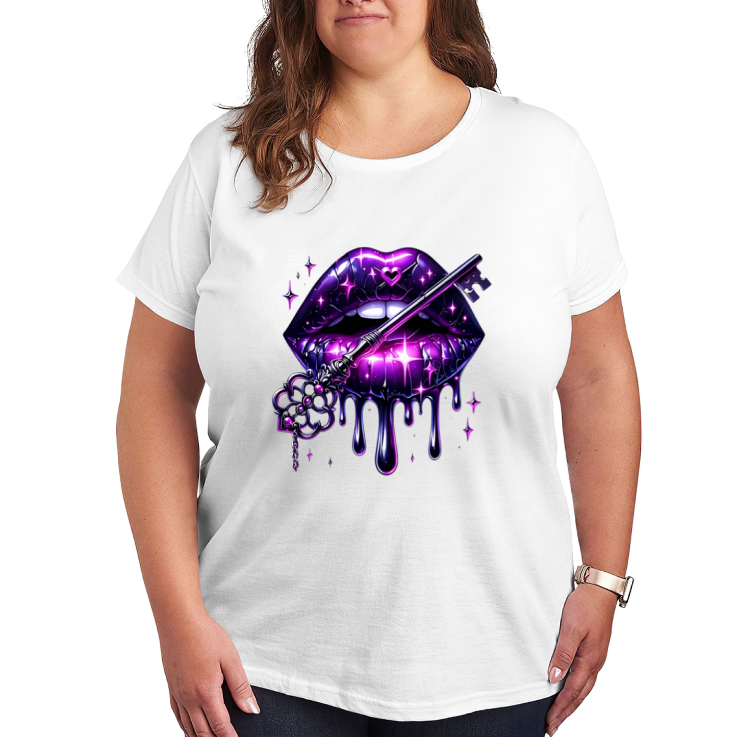 Glam Purple Gloss Drip Lips Antique Key Sparkle Gothic Print Plus Size Women Tee