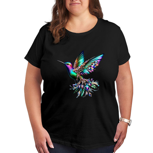 Sparkling Rhinestone Rainbow Hummingbird Plus Size Women T-Shirt