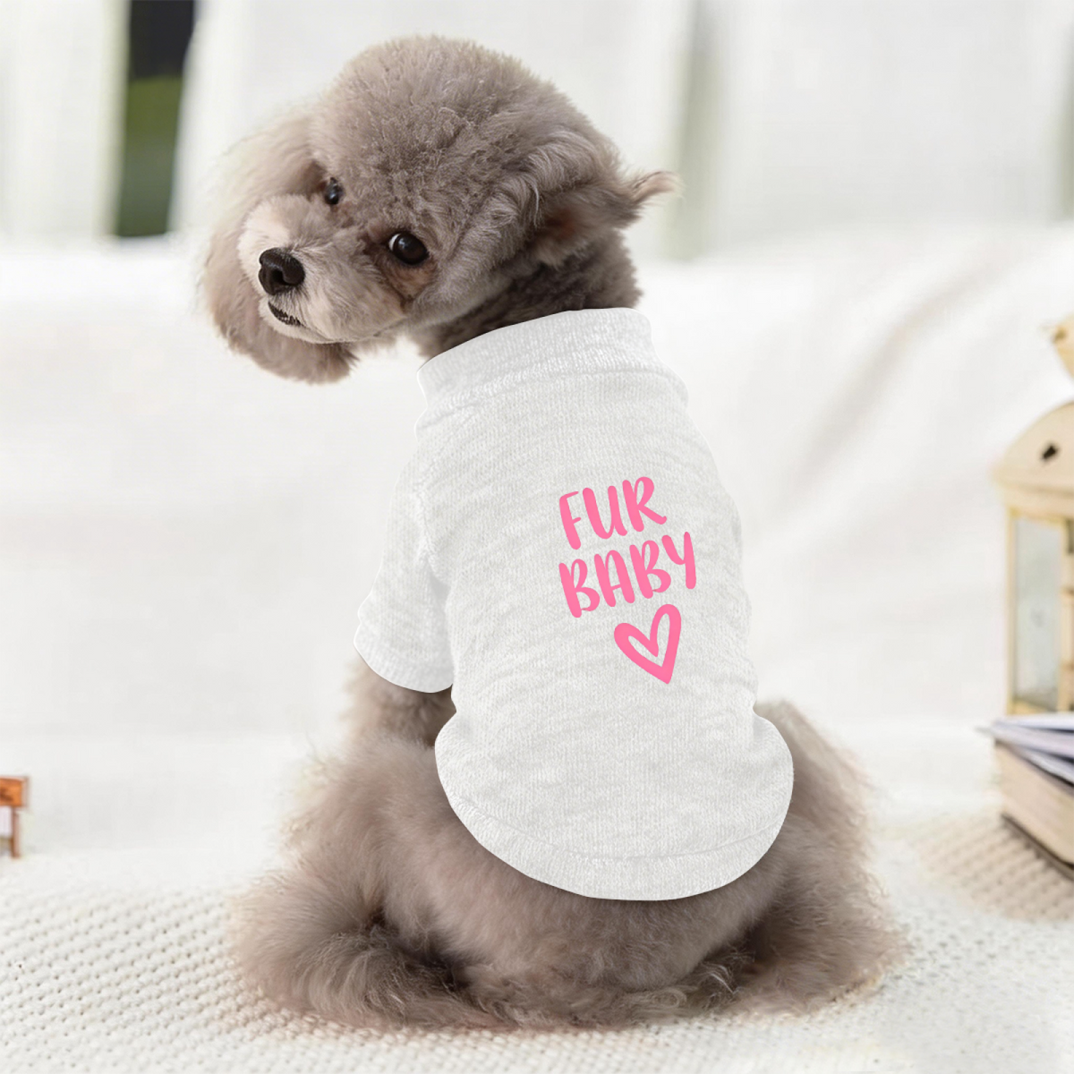 Fur Baby Pink Heart Print White Pet Sweater, Sweet Fur Kid Puppy Top